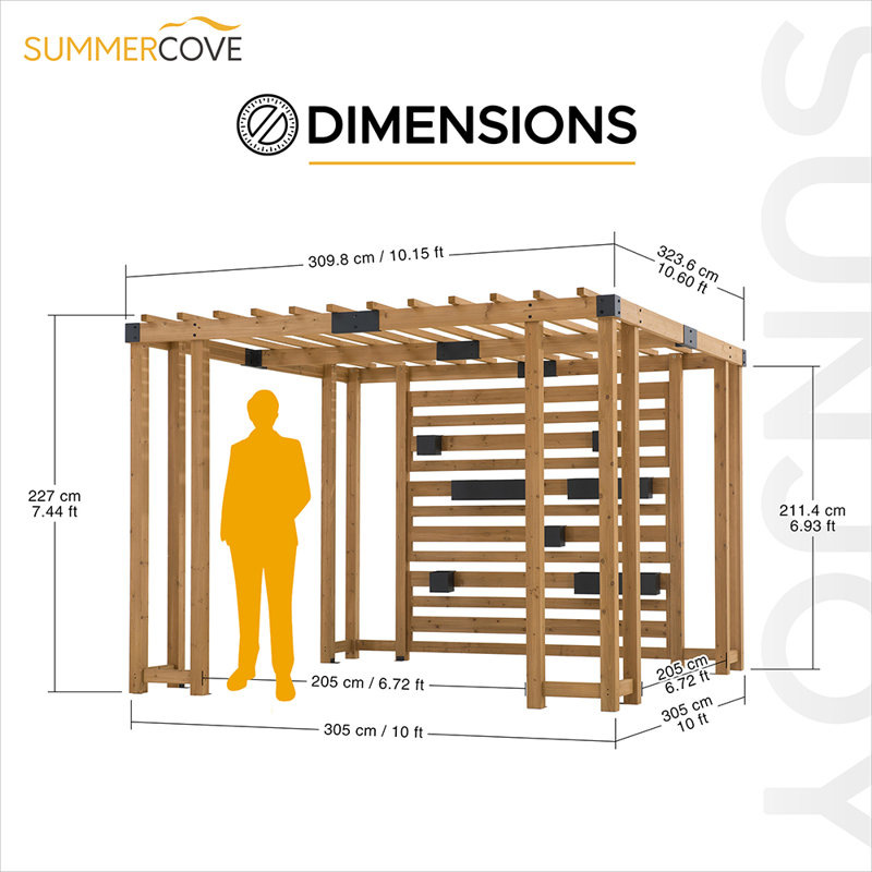 Sunjoy 10.5 ft. x 10 ft. Cedar Wood Pergola with Slatted Privacy Wall&Adjustable Hanging Planters
