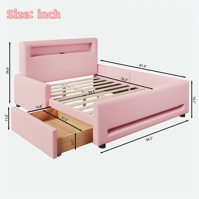 Lit plateforme tapissier avec tiroir, bande lumineuse à DEL et port USB, Lit double, Rose