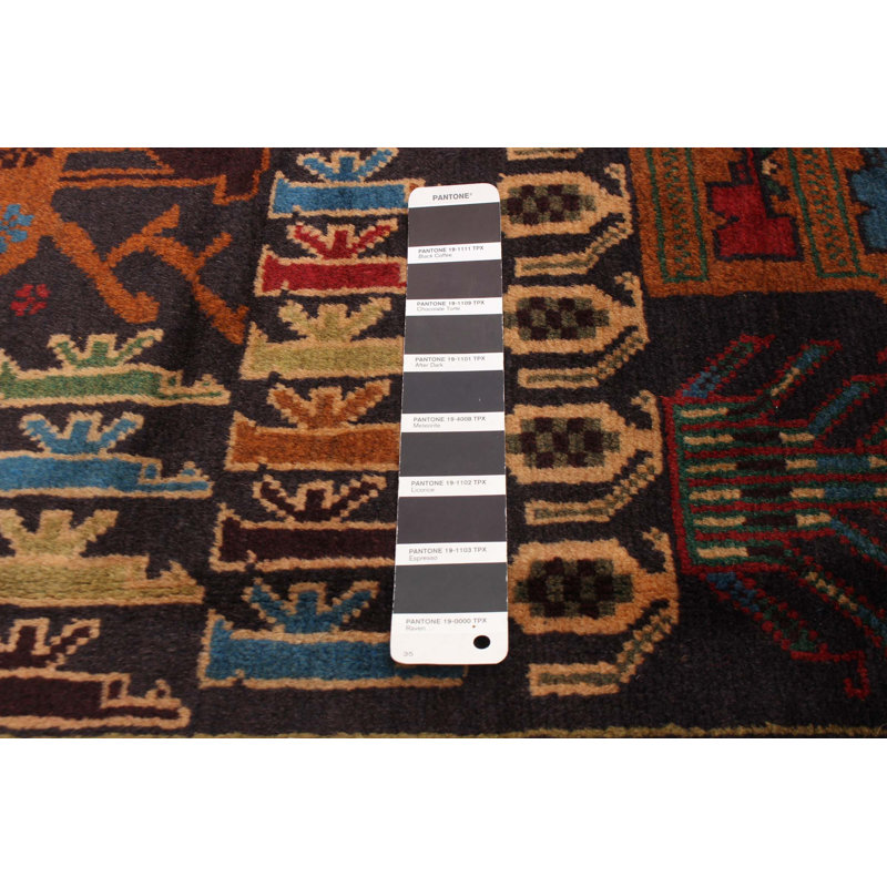 Tapis noir en laine noué à la main de conception unique 3 pi 11 po x 6 pi 7 po Chemaia