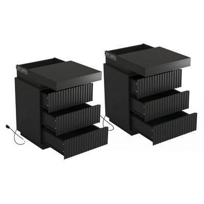 Nightstand Set of 2 with Charging Station, LED Lights and 3 drawers