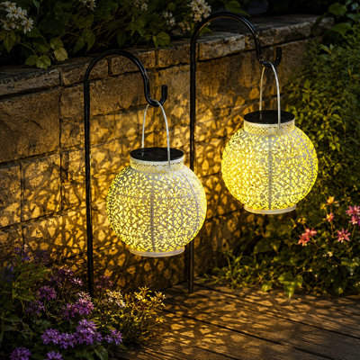 Set of 2 White Retro Metal Solar Lanterns, Weatherproof Garden Lights for Outdoor Decor, Great Mothers or Birthday Gift for Mom or Grandma
