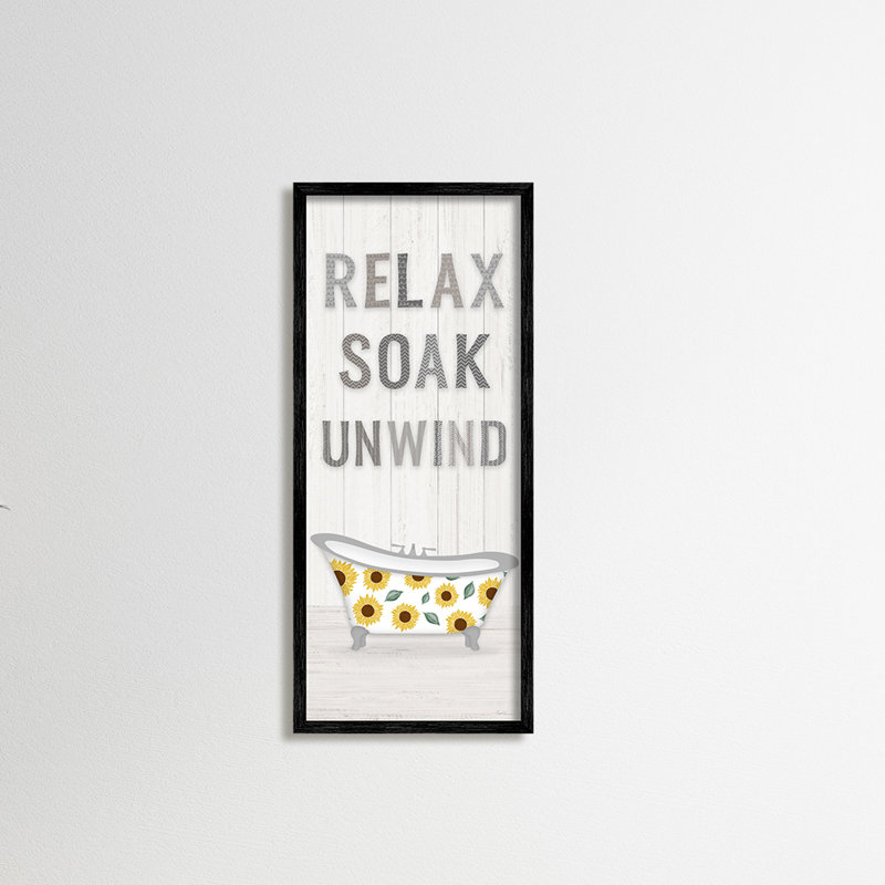 «Relax Soak Unwind Bathroom» par Natalie Carpentieri, H 30 po x l 13 po, Giclée encadrée blanc bord de mer