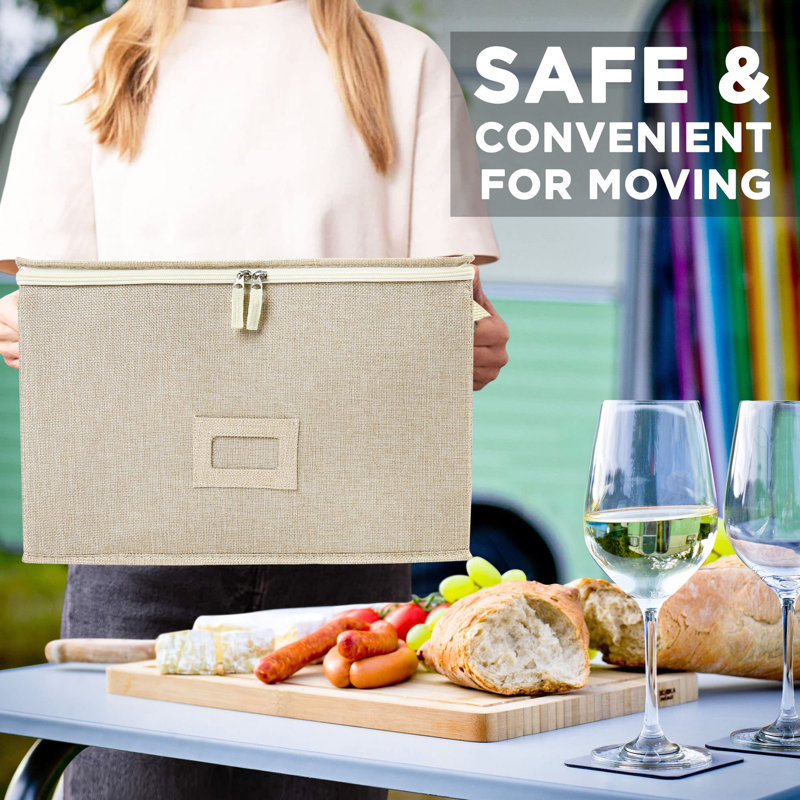Stemware Storage Container For Moving, Hard Shell, Stackable Wine Glass Storage Box With Dividers & Handles, Crystal Glassware, Beige