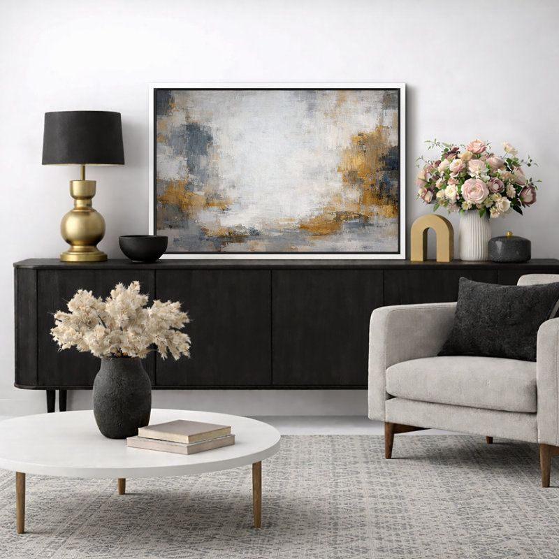 Abstrait, neutre, gris doré, horizon, paysage, images de salon calmes, impression sur toile encadrée, Cadre blanc