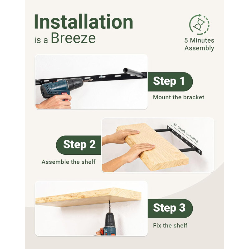 Tablettes flottantes pour la décoration murale, étagère murale en bois de frêne massif fabriquée à la main avec support invisible robuste, tablette murale pour cuisine, salle de bain, salon, bureau