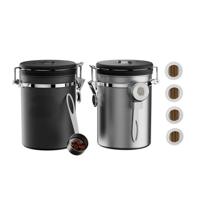 Coffee Canister - Coffee Gator Stainless Steel Coffee Container - Fresher Beans And Grounds For Longer - Date-Tracker, CO2-Release Valve And Measuring Scoop - 2-Pack, Silver/Gray