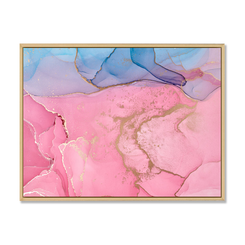 Art à l'encre rose rose avec horizon bleu - reproduction sur toile, H 24 po x l 32 po, Toile avec cadre en érable