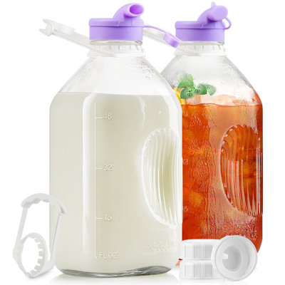 2 Qty Syntic 64oz Reusable Glass Milk Bottles With Handle, Lid and Pour Spout