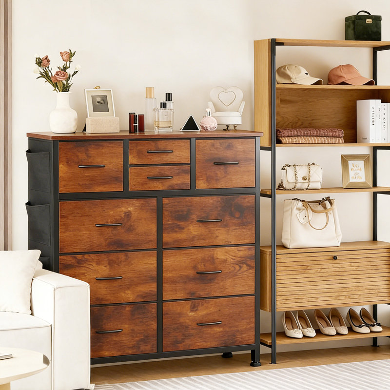 38.98"W 10-Drawer Fabric Dresser with Wood Top and Side Pockets, Storage Chest, Brown