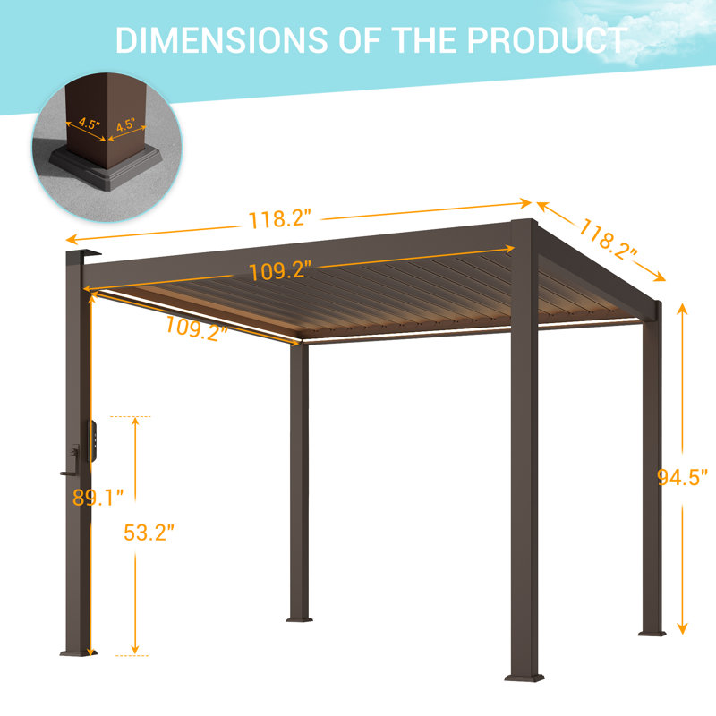 LED Metal Frame Pergola Freestanding Patio Pergola with Louvered Roof Pergola, 10' x 10'