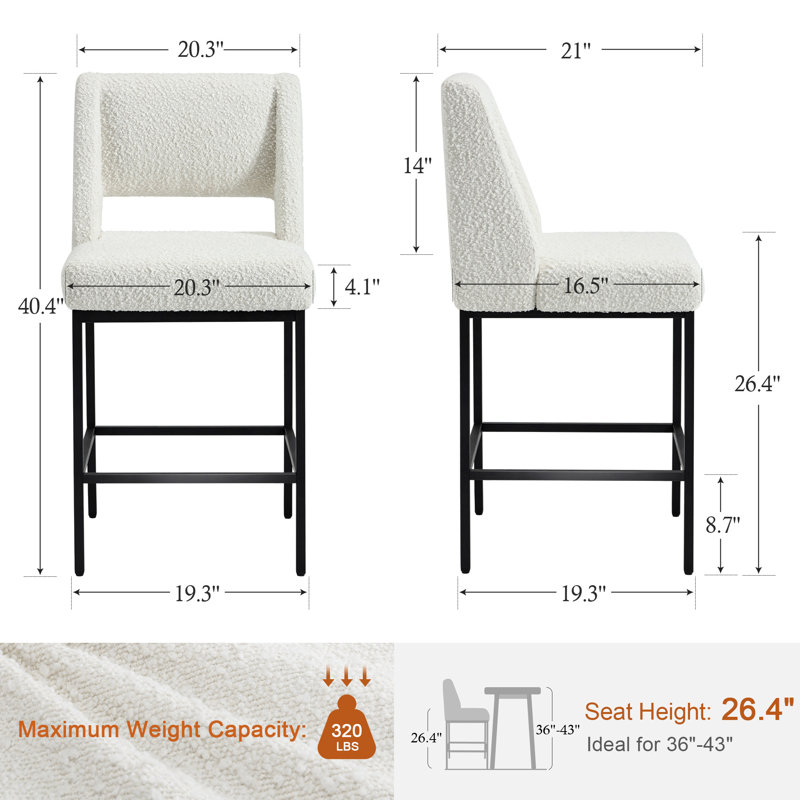 Jenie Upholstered 26.4'' Boucle/Linen Counter Stool with Metal Frame, Boucle White