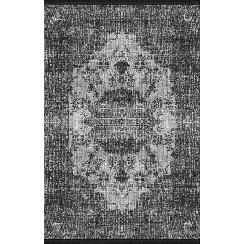 Tapis décoratif gris foncé à motifs traditionnels, Rectangle 4 pi 11,06 po x 7 pi 6,55 po