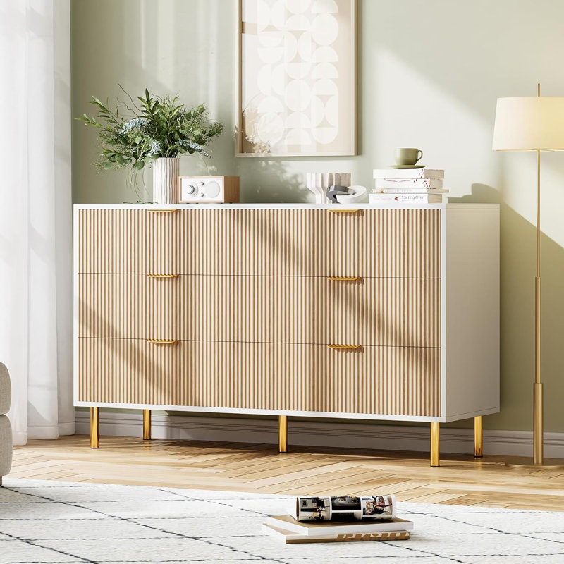 6 Drawer Bedroom Dresser - Modern Wood with Gold Handles