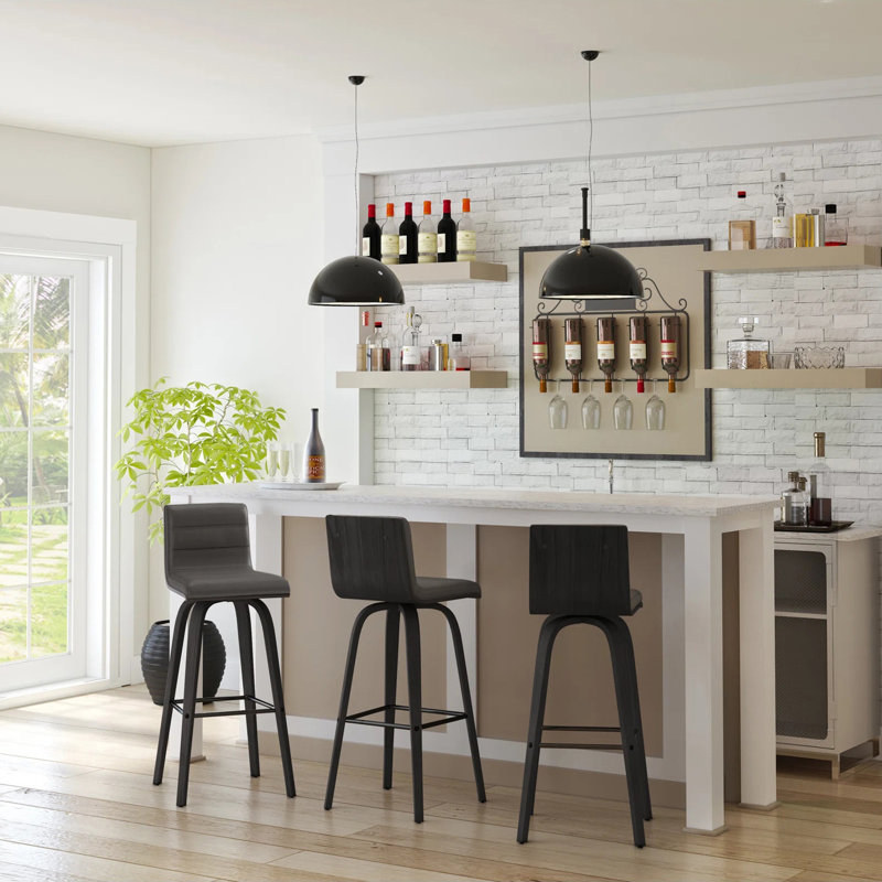 Tabouret de bar et de comptoir Biance, Noir, Similicuir gris, Tabouret de bar (siège d'une hauteur de 30 po)