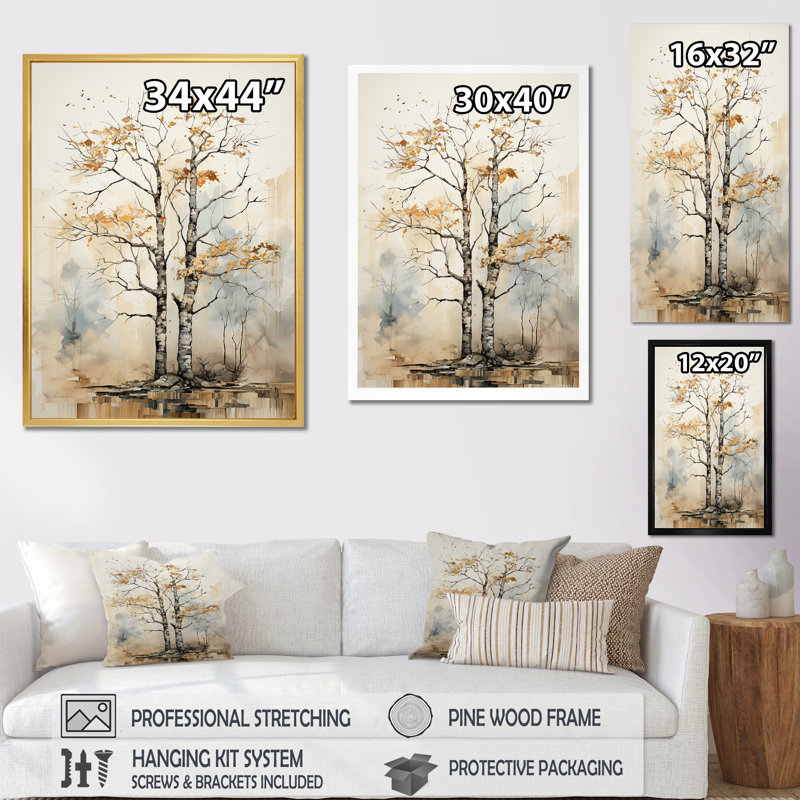 «Soft Neutral Tones Tree Oak Harmony II», reproduction sur toile, Cadre simple noir, H 32 po x l 16 po x P 1 po