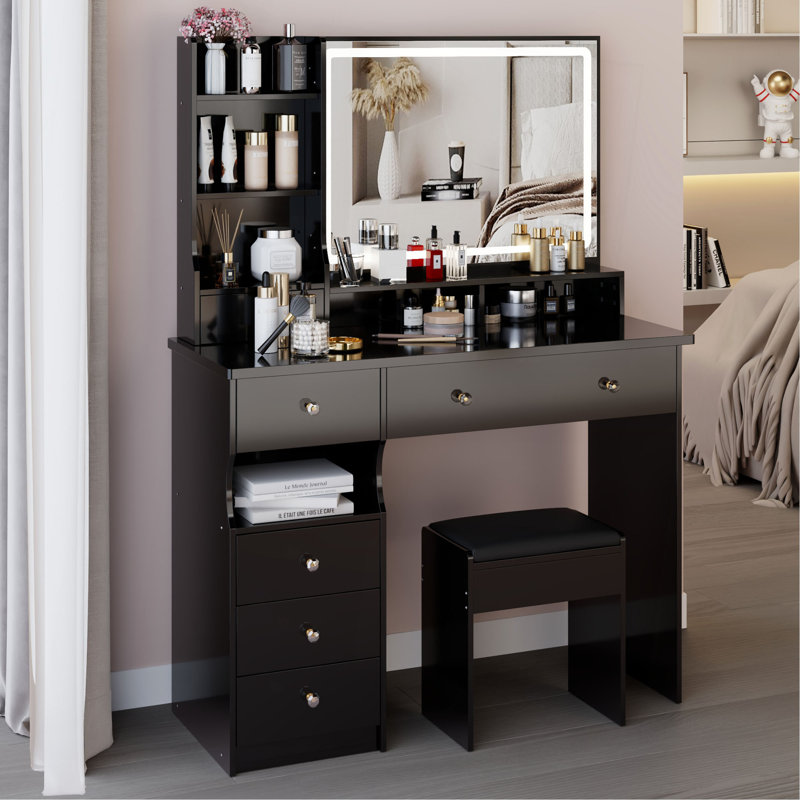 41" Large Sized Desktop Vanity Table + Cushioned Stool, Oversized Desktop, Large Touch Control LED Mirror, 3-Color Switch, Multi Layer High Capacity Storage Fashion Dresser, EPA, GCC, UL Certificate