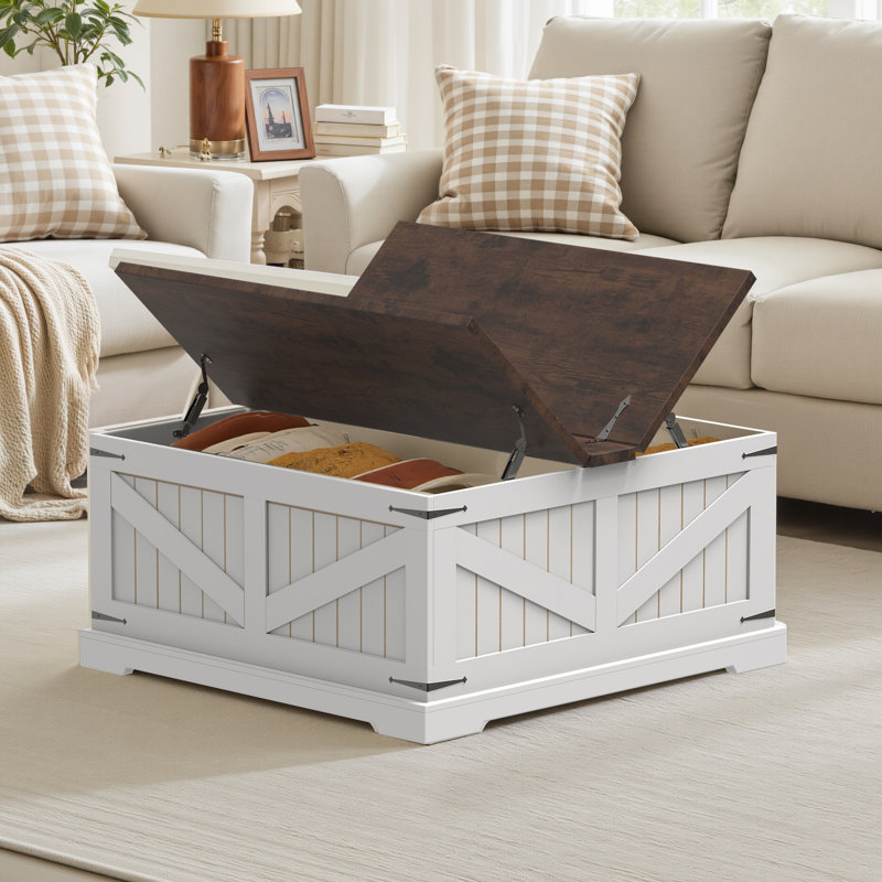 Table basse Tishay Farmhouse avec rangement, table centrale carrée 31,5 po avec double couvercle rabattable et compartiment caché, table basse en bois rustique pour le salon, la chambre à coucher et le bureau personnel