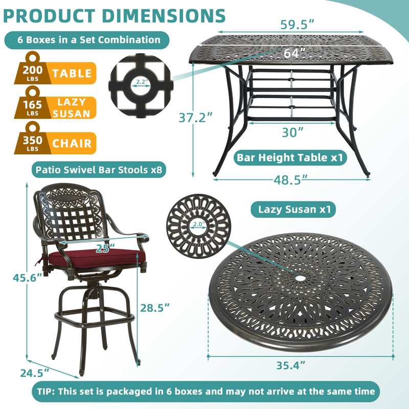 10-piece Outdoor Bar Set, All Weather Cast Aluminum High Patio Dining Set With 8 Cushioned Swivel Bar Stools, Large 64" Square Patio Bar Height Table With Detachable Lazy Susan, Umbrella Hole