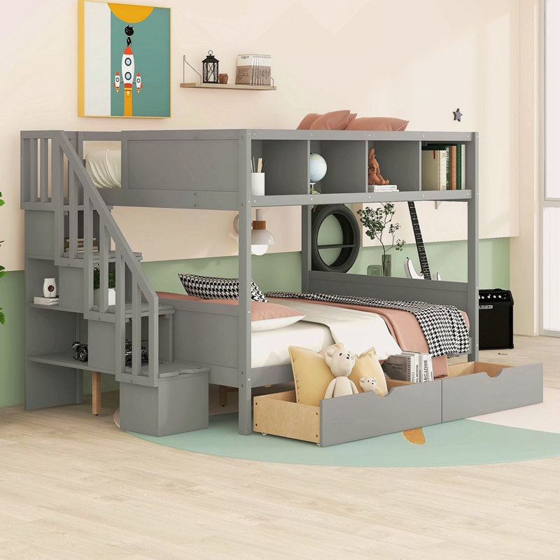 Lit superposé simple au-dessus de double avec tablettes, escalier de rangement et 2 tiroirs, Gris