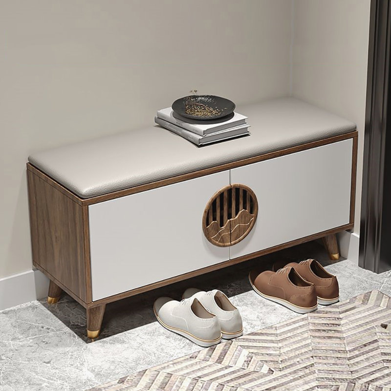 39.4in Multi-functional Shoe Storage Bench, White/Light Walnut