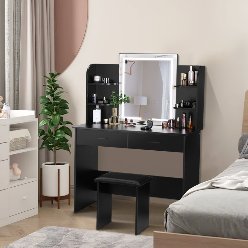 Greyden Vanity Set with LED Mirror & Stool, Black