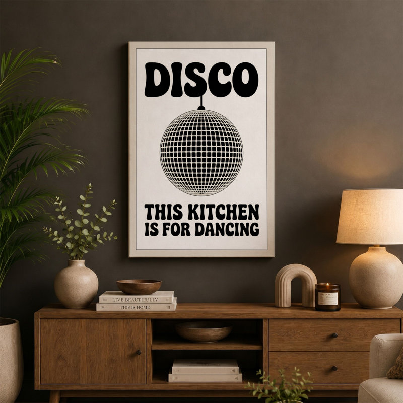 Disco Kitchen Typography 1 Piece Wrapped Canvas Wall Art, 24x16 - 61.0 x 40.6 cm, Black Border