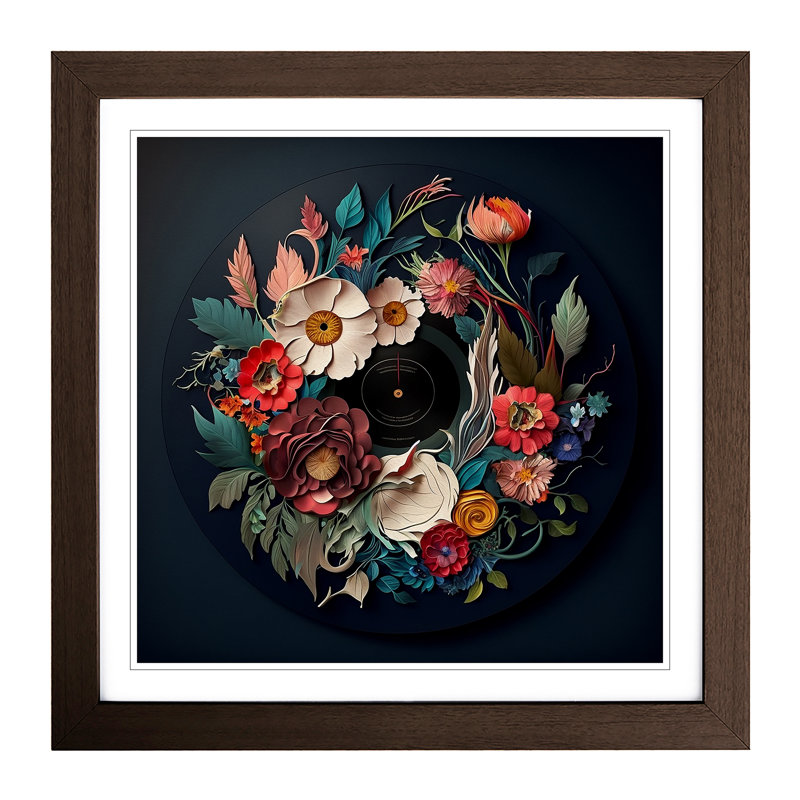 Vinyl Record Floral Art - Single Picture Frame Print on Wood, Walnut