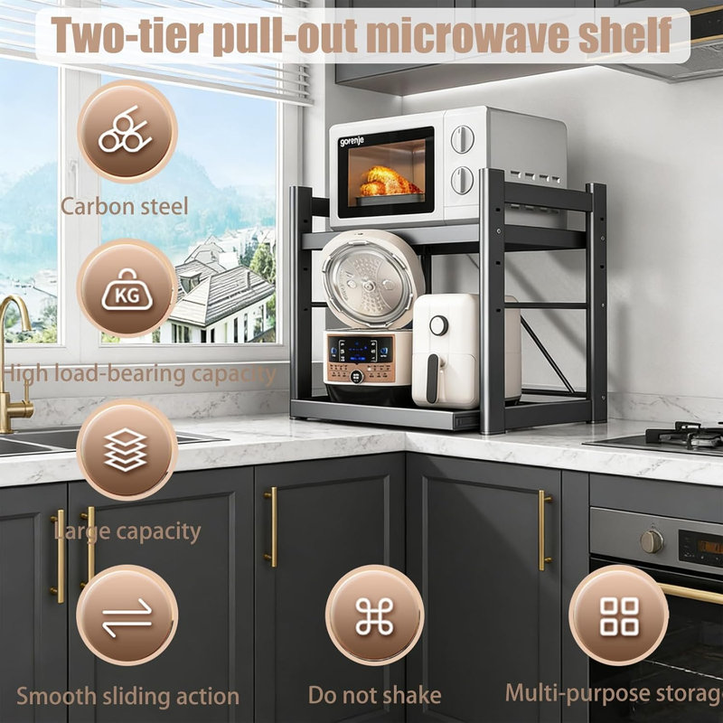 2 Tier Expandable Microwave Stand with Pull Out Sliding Tray & 6 Hooks