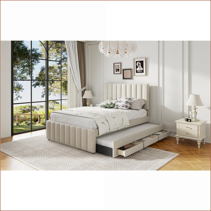 Lit plateforme tapissier pleine grandeur avec lit gigogne simple & amp; 3 tiroirs, beige - aucun sommier requis, Beige