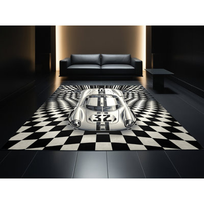 Tapis de voiture de course rétro à carreaux noir lavable à la machine Eldred