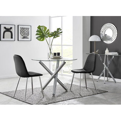 Seline Modern Round Dining Table Set in Glass and Chrome with 2 Luxury Faux Leather Dining Chairs