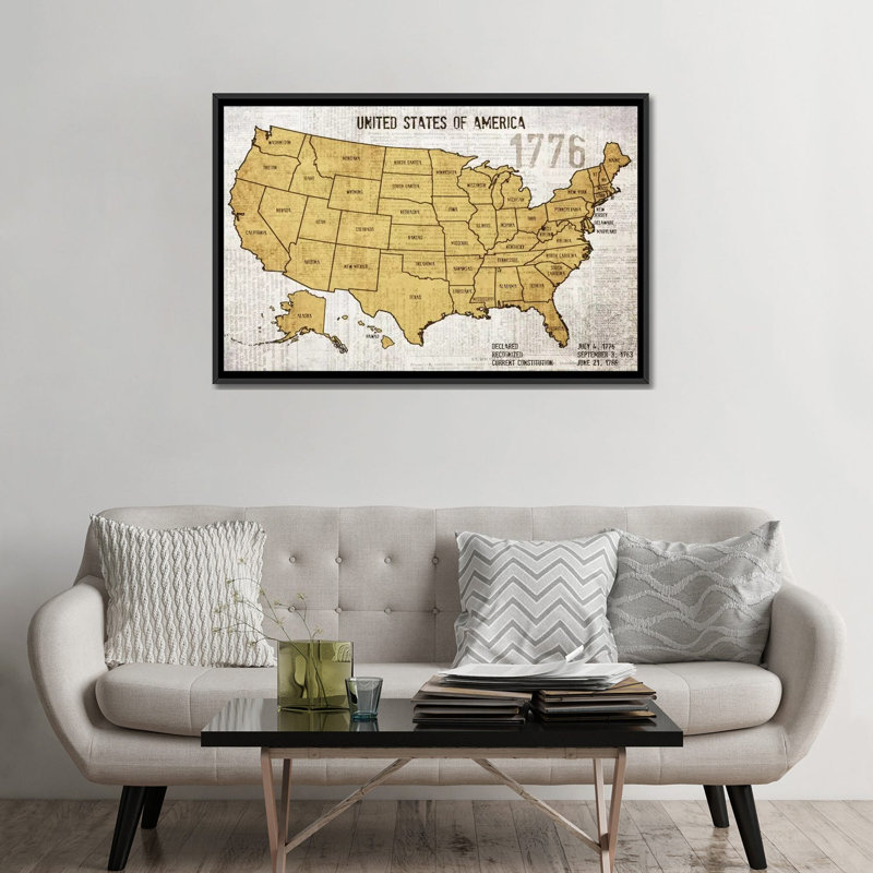 Carte des États-Unis, impression sur toile tendue, H 32 po x l 48 po x P 1,5 po, Toile avec cadre noir, Pas de tapis