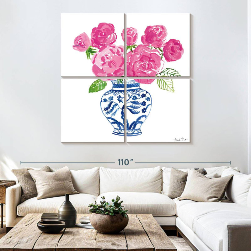 Harnek chinoiserie roses sur fond blanc I, H 74 po x l 74 po