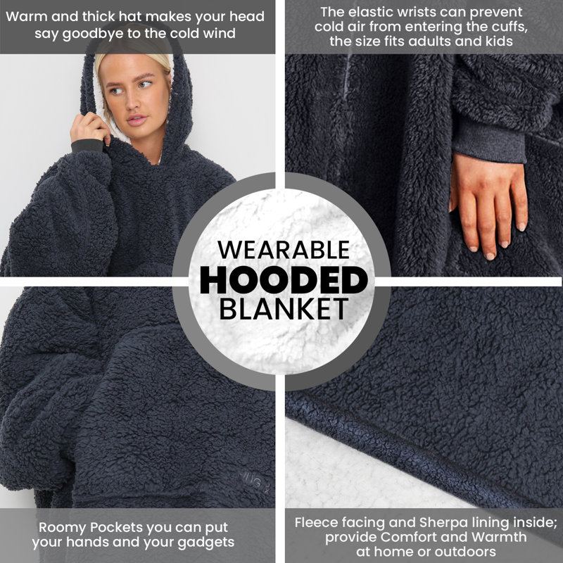 Oversized Teddy Fleece Hoodie Blanket for Adults with Hood and Kangaroo Pocket, Ultra Soft Wearable Hooded Blanket, One Size
