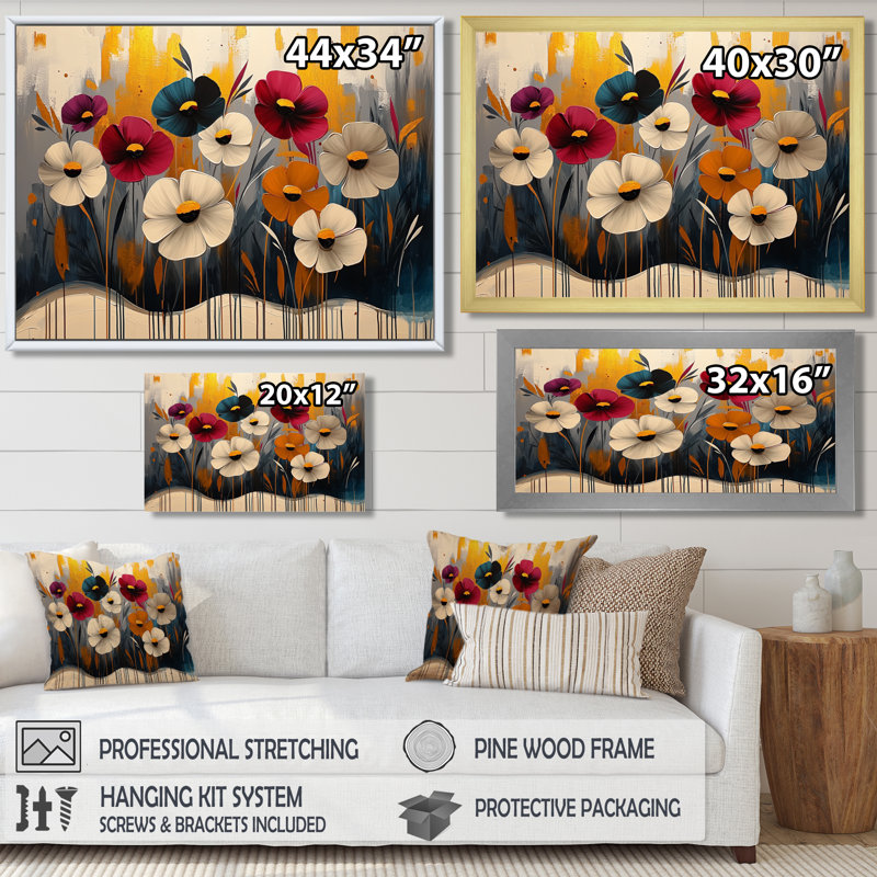 Art floral rouge et bleuet, Cadre simple, Noir, H 12 po x l 20 po