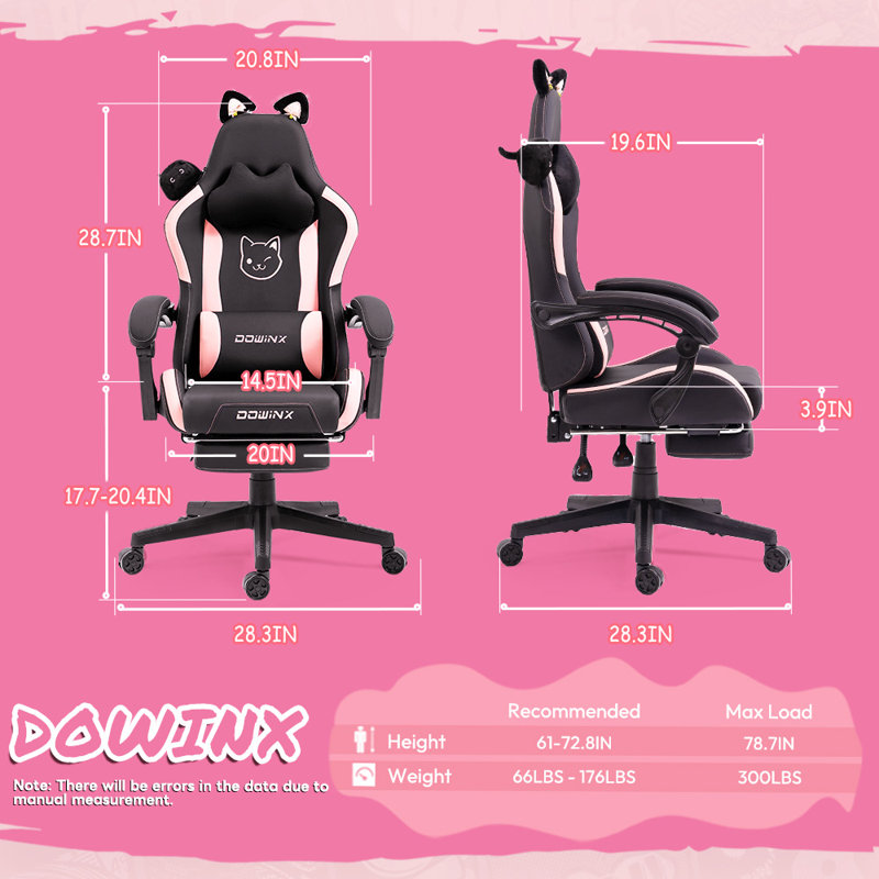 Fauteuil de jeu de course et de course inclinable, réglable et ergonomique en cuir avec repose-pieds, Noir / rose