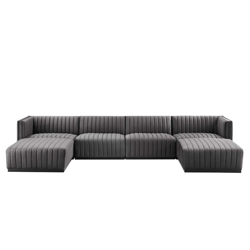 Gray Velvet Tufted Six-Piece Sectional with Ottoman