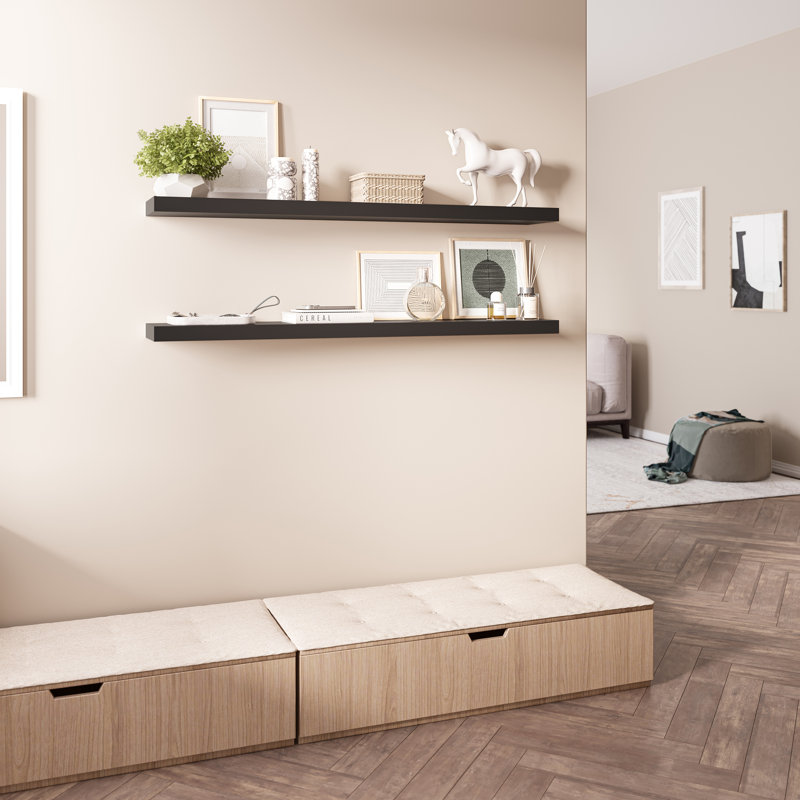 Black Veneered Wood Floating Shelves with Invisible Brackets, Set of 2