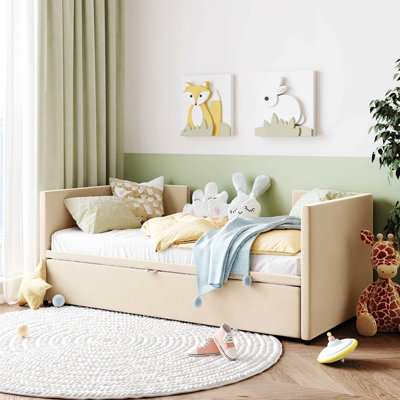 Lit de jour simple tapissier avec couchette escamotable, beige