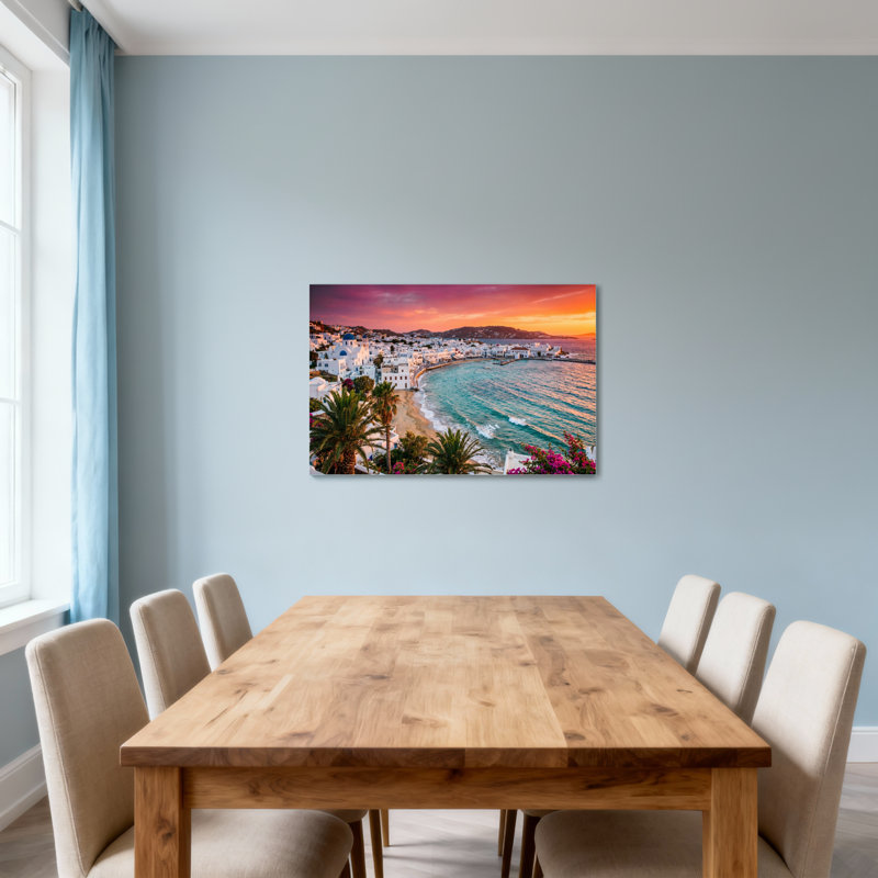 Paysage et nature, coucher de soleil, côte, bâtiments blancs, palmiers, vue sur l'océan, H 28 po x l 40 po