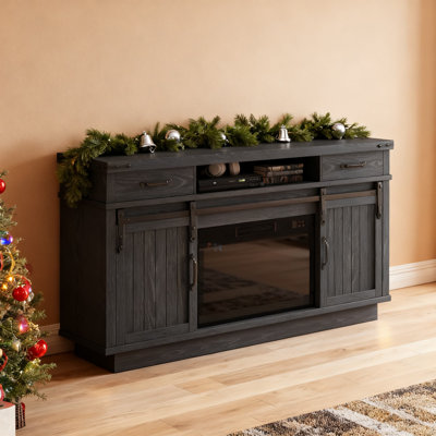59'' Fireplace TV Stand With 3D Flame Electric Heater, Farmhouse Entertainment Centre For 65 Inch TV, Media Console With Sliding Barn Doors, 2 Drawers And LED Lighting