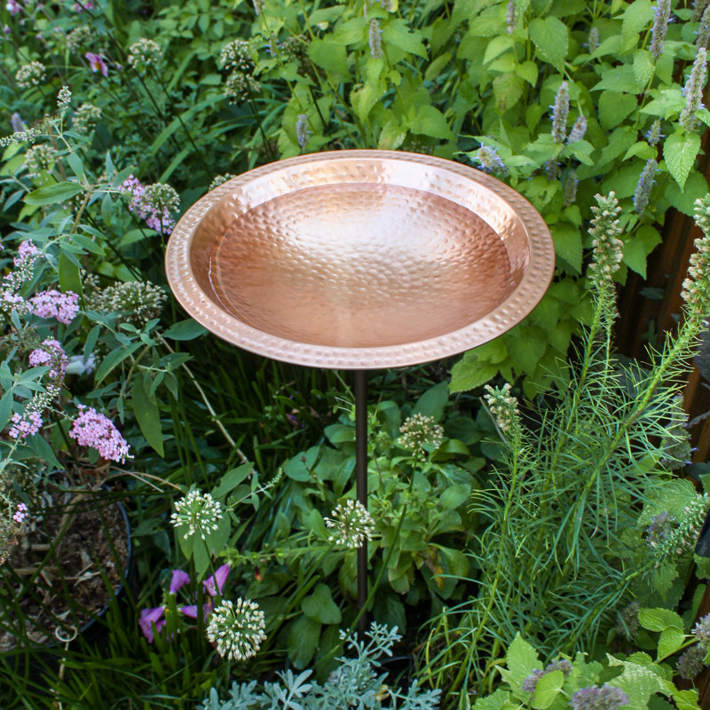 Hammered Solid Copper Birdbath with Wrought Iron Stake