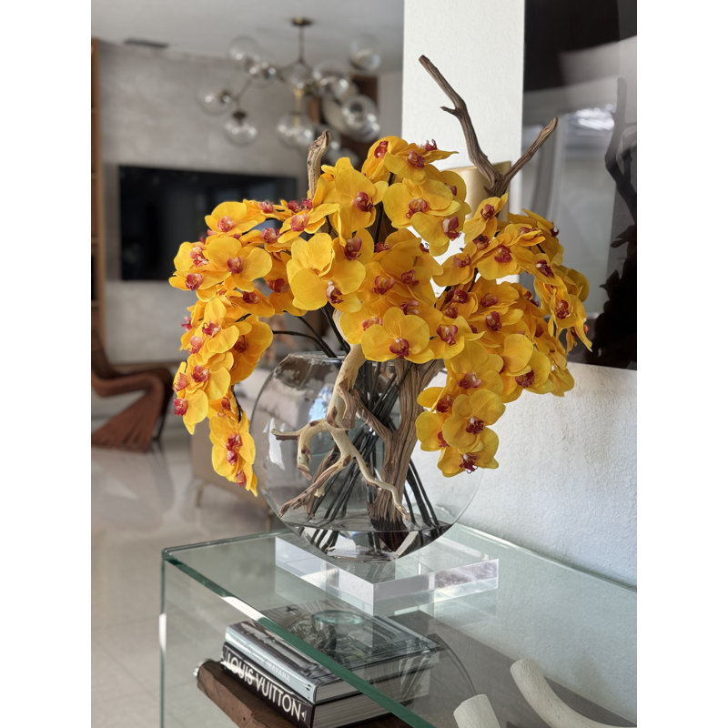 16" Glass Moon Vase With Light Brown Orchids And Driftwood, Yellow