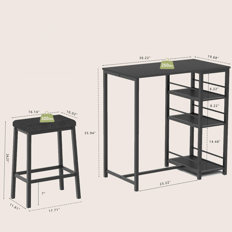 3-piece Bar Height Dining Table Set With Storage Shelves