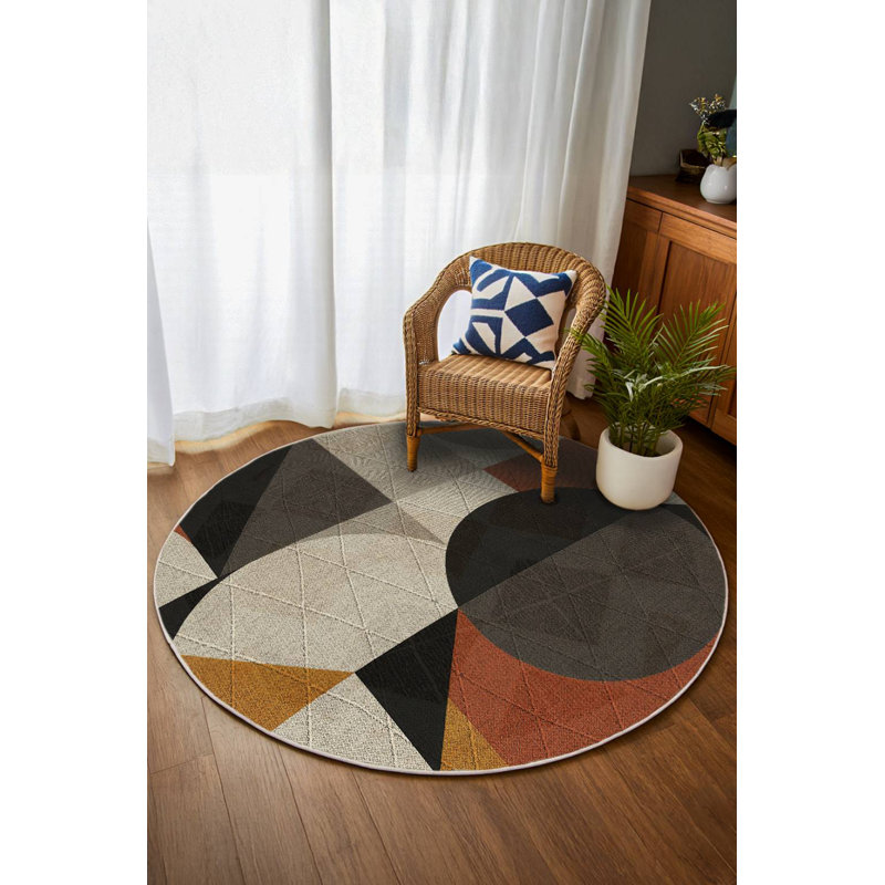 Tapis à motif géométrique en coton et polyester à imprimé numérique Gustin Collection, Rond 3 pi 4 po