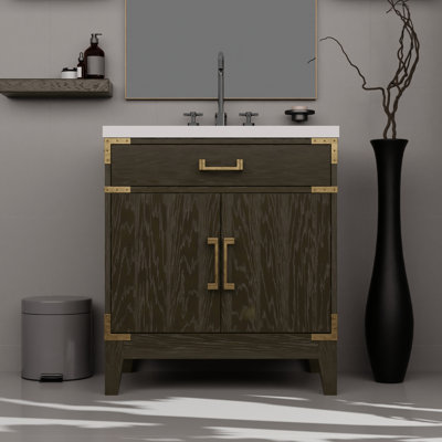 Meuble-lavabo simple en chêne brun l 30 po x P 22 po - comptoir en marbre de culture poli, structure en bois massif, rangement de salle de bain à fermeture en douceur, tablette ouverte, grand espace