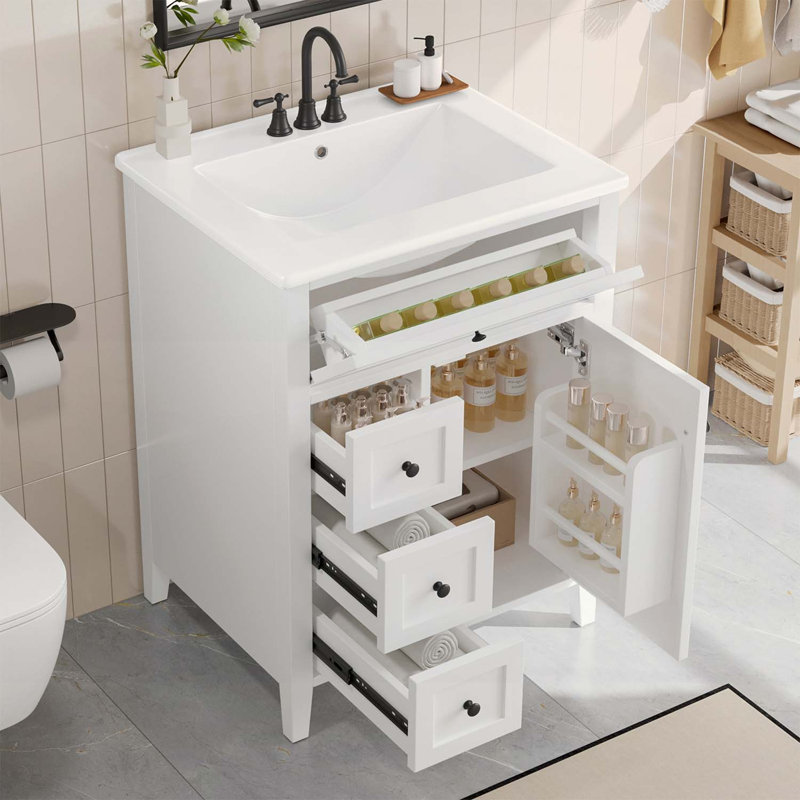 Meuble-lavabo moderne avec lavabo, 3 tiroirs, conception compacte, Blanc