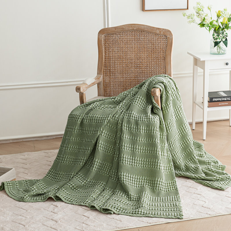 Jeté de lit en coton et viscose tissés gaufrés, Jeté, Sauge