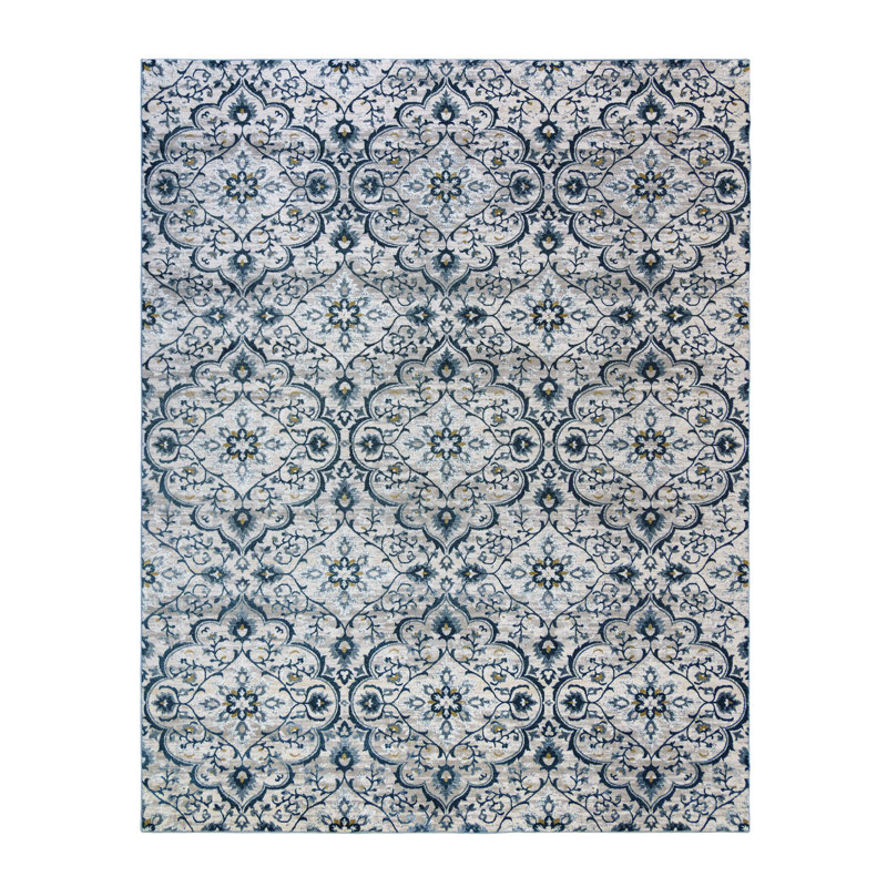 Mickelson Medallion Gray/Blue Scrolled Transitional Diamond Medallion Area Rug, Rectangle 5'3" x 7'
