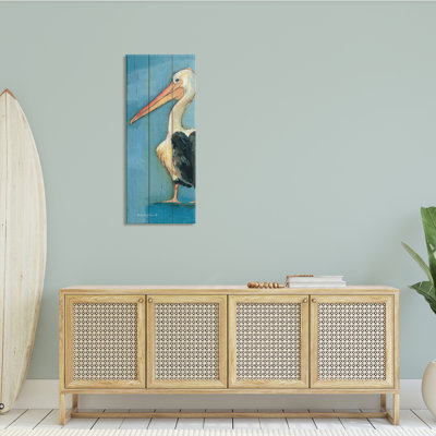Pelican Bird Over Blue Planked Pattern Animal Pain Wrapped Canvas Print